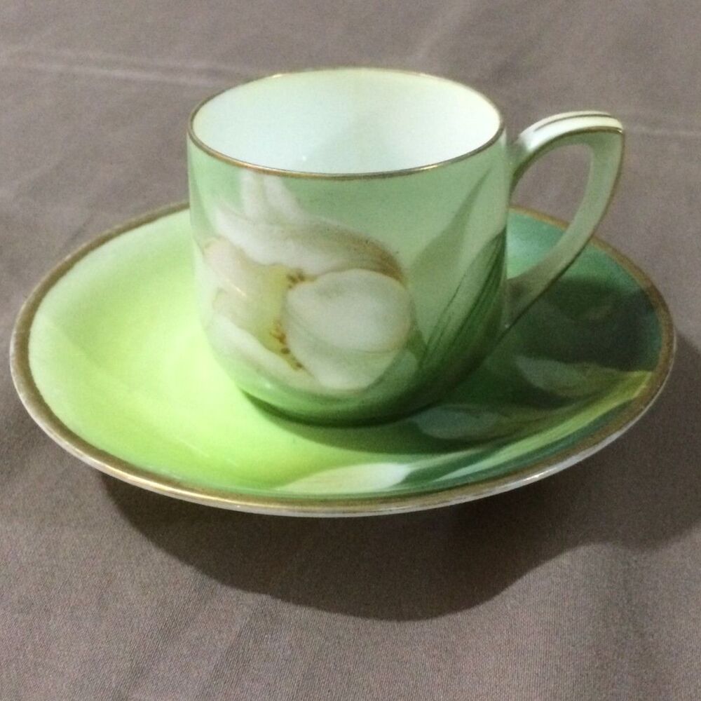 RS Germany Demitasse Cup Saucer Hand Painted White Tulip Green Gold Vintage